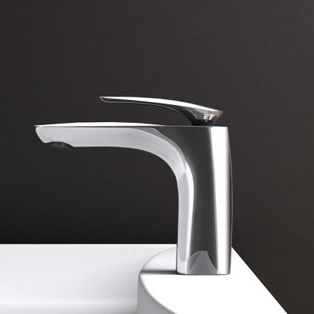 Waschbeckenarmatur EGO-Brandi Chrome Low, Waschbeckenmontage, Chrom, mit Perlator, außergewöhnliches Design