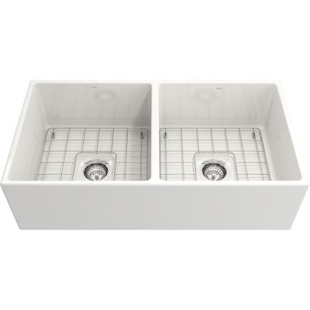 Doppel-Küchenspüle, Frontschürze, offen, Farmouse-Stil, Einbau, 91x48 cm, Glänzend Weiß, Royalty Line by Ego, Nikos
