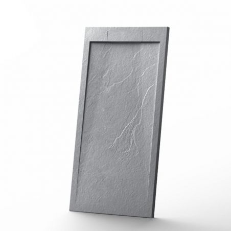 Duschwanne, Mineralkomposit, Maße 100-160x70-90 cm, Höhe 2,5 cm, verdeckter Ablauf, zuschneidbar, Zementgrau, Antonio