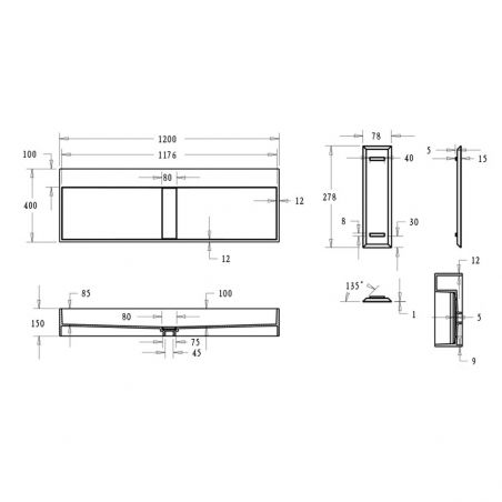 Doppelwaschbecken EGO 6028, versteckter Abfluss, Matt Anthrazit, Marmorkomposit, Aufsatz- oder Wandmontage, 120x40 cm
