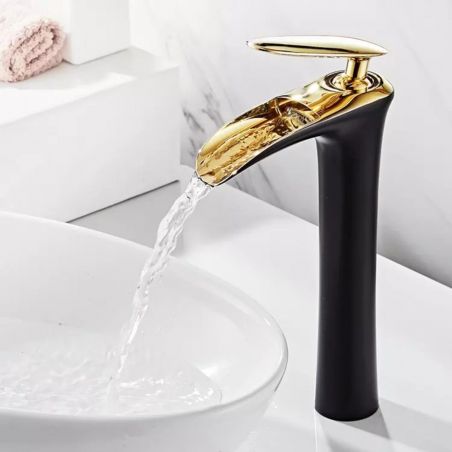 Waschbeckenarmatur Noto, Schwarz, glänzend Gold, 29 cm, Aufsatzmontage