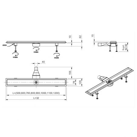 Duschrinne, befliesbar, Smart Pipe Siphon, Einbaumodell unter der Fliese, Premium Low Black, Größen 50-120 cm