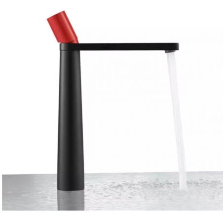 Waschbeckenarmatur Pilar, Mattschwarz, mit rotem Griff, Höhe 31,5 cm, Aufsatzmontage