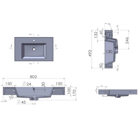 Waschbecken Elsa, Mineralwerkstoff, Aufsatz- oder Wandmontage, Mattweiß, Schieferoptik, mit Hahnloch, 80-100x49,2 cm