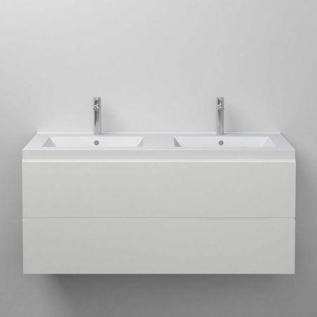 Doppelwaschbecken Zeta, Mineralwerkstoff, Halb-Einbaumontage, mit 2 Hahnlöcher, 120x50 cm