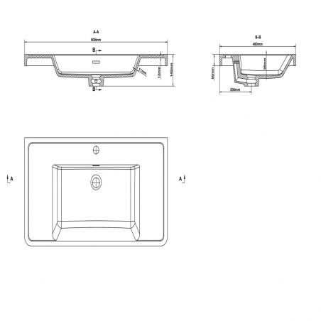 Waschbecken Zara, Mineralwerkstoff, Wand- oder Halb-Einbaumontage, mit Hahnloch, 90x48 cm