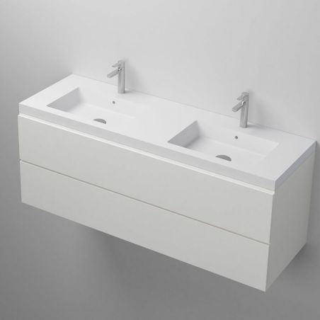 Paola Doppelwaschbecken, Mineralwerkstoff, Halb-Einbaumontage, mit 2 Hahnlöchern, 140x45 cm