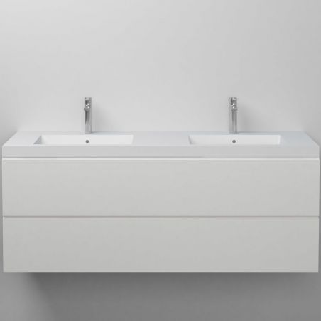 Paola Doppelwaschbecken, Mineralwerkstoff, Halb-Einbaumontage, mit 2 Hahnlöchern, 140x45 cm