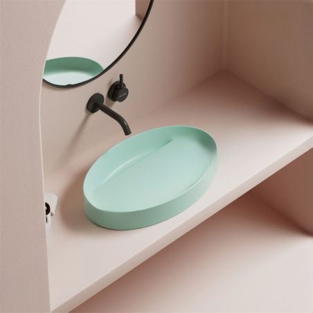 Waschbecken Glami, versteckter Abfluss, Aufsatzmontage, Mintgrün, ohne Hahnloch, 60x38 cm Waschbecken Glami, versteckter Abfluss, Aufsatzmontage, Mintgrün, ohne Hahnloch, 60x38 cm