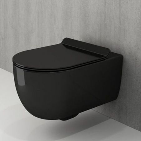 WC-Schüssel EGO Michael Rimless, 49x36 cm, Schwarz glänzend, hängende Montage, Duroplast Soft-Close Easy-Off-Deckel