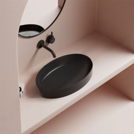 Waschbecken Glami, versteckter Abfluss, Aufsatzmontage, Schwarz Glänzend, ohne Hahnloch, 60x38 cm