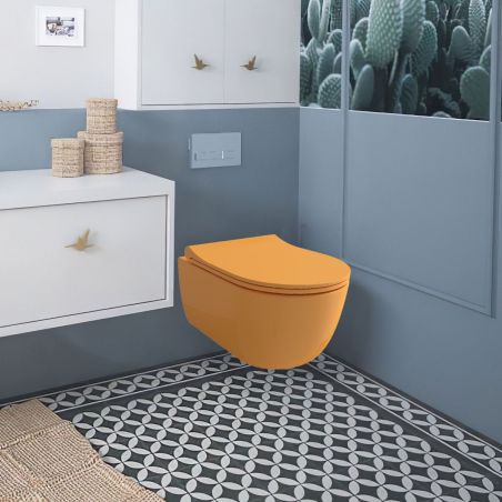 WC-Schüssel EGO Michael Rimless, 49x36 cm, Mandarinenorange, hängende Montage, Duroplast Soft-Close Easy-Off-Deckel