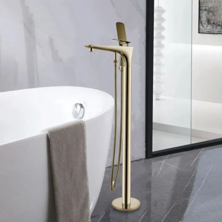 Badewannenarmatur Bride, Mattgold, Bodenmontage, runder Rahmen, 360-Grad drehbar