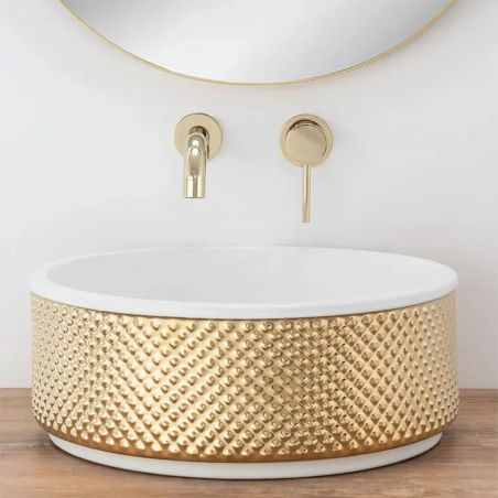Waschbecken Gino, innen Weiß, außen Gold, Durchmesser 43 cm, Aufsatzmontage, Sanitärkeramik