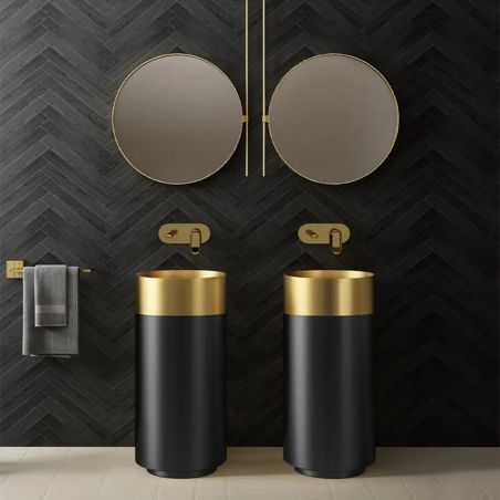 Maurio Standwaschbecken aus Edelstahl, Gebürstetes Schwarz-Gold, 40x40x80 cm, ohne Armaturloch, Bodenmontage