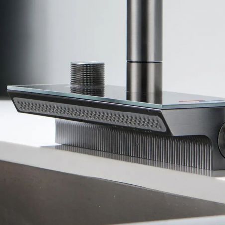 Küchenarmatur, hydroelektrisches Display mit Wasserfall, ausziehbare Brause, 3 Strahlarten, 360° schwenkbar, Gun Grey, Ingrid