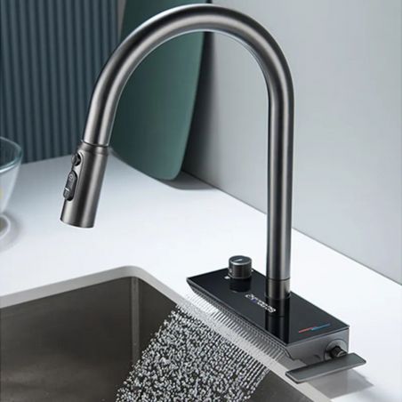 Küchenarmatur, hydroelektrisches Display mit Wasserfall, ausziehbare Brause, 3 Strahlarten, 360° schwenkbar, Gun Grey, Ingrid