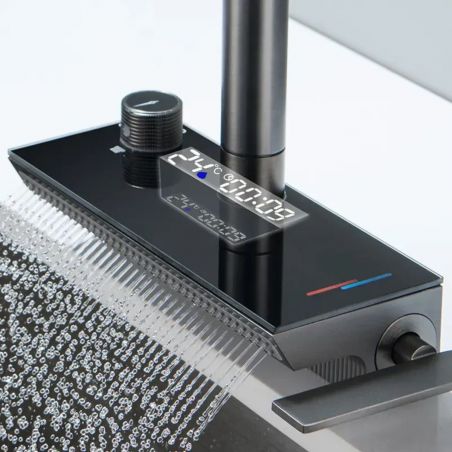 Küchenarmatur, hydroelektrisches Display mit Wasserfall, ausziehbare Brause, 3 Strahlarten, 360° schwenkbar, Gun Grey, Ingrid