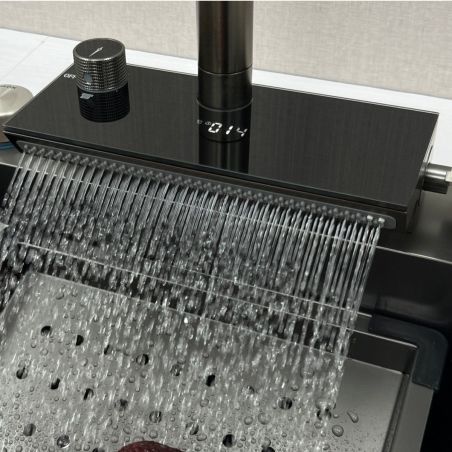 Küchenarmatur, hydroelektrisches Display mit Wasserfall, ausziehbare Brause, 3 Strahlarten, 360° schwenkbar, Gun Grey, Ingrid
