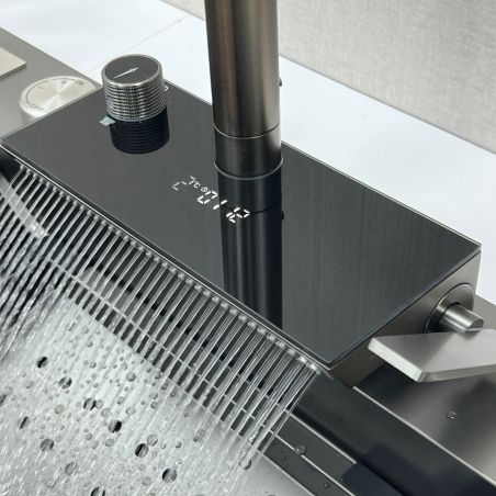 Küchenarmatur, hydroelektrisches Display mit Wasserfall, ausziehbare Brause, 3 Strahlarten, 360° schwenkbar, Gun Grey, Ingrid