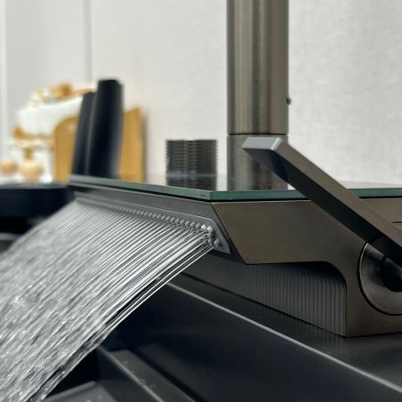 Küchenarmatur, hydroelektrisches Display mit Wasserfall, ausziehbare Brause, 3 Strahlarten, 360° schwenkbar, Gun Grey, Ingrid