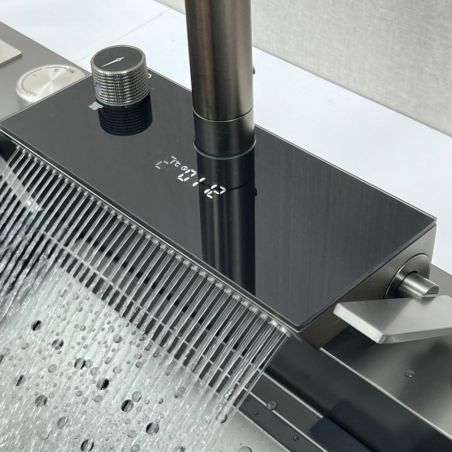 Küchenarmatur, hydroelektrisches Display mit Wasserfall, ausziehbare Brause, 3 Strahlarten, 360° schwenkbar, Gun Grey, Ingrid