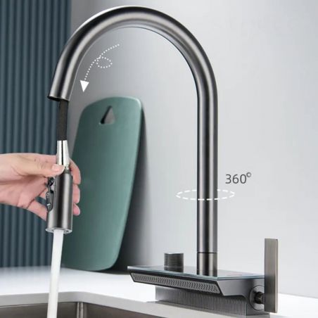 Küchenarmatur, hydroelektrisches Display mit Wasserfall, ausziehbare Brause, 3 Strahlarten, 360° schwenkbar, Gun Grey, Ingrid