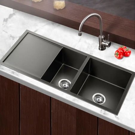 Küchenspüle, Arbeitsstation, Nano-Beschichtung, 2 Becken, 19 cm Tiefe, Edelstahl, Gun Grey, 100x45 cm, Vania