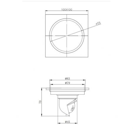 Bodenablauf Easy-Clean, Anti-Geruch, Chrom, 100x100 mm, Messing, vertikaler Ausgang 45 mm