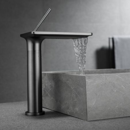 Waschbeckenarmatur, Wasserfall-Design, mit Perlator, Mattschwarz, Aufsatzmontage, Höhe 26 cm, Dion