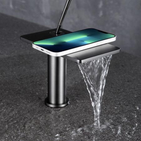 Waschbeckenarmatur, Wasserfall-Design, mit Perlator, Mattgold, Aufsatzmontage, Höhe 26 cm, Dion