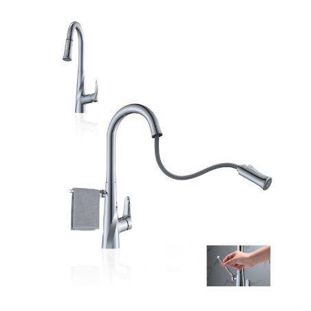 Küchenarmatur, inkl. Halterung, ausziehbare Brause , 2 Strahlarten, flexibler und 360° schwenkbarer Auslauf, Chrom, Tomis