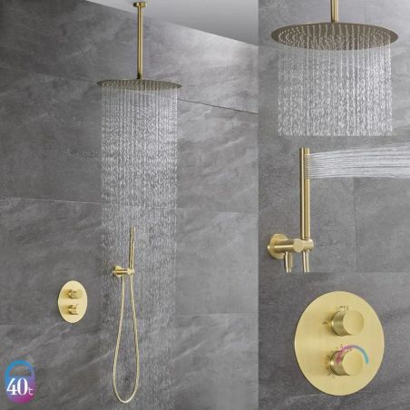 Duschsystem, Mattgold, Deckenmontage, Einbauarmatur mit Thermostat, Regenbrause, Durchmesser 40 cm, Apolo