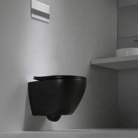 Wandhängendes WC, Mattschwarz, Power Color, Rimless, 49x37 cm, Duroplast-Deckel, Sanitärkeramik, Ben