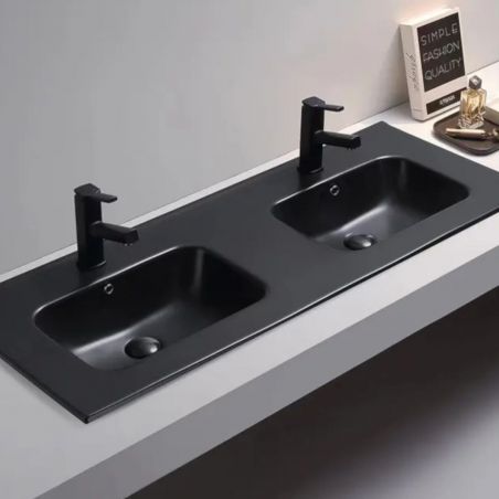 Doppelwaschbecken, Mattschwarz, 120x46 cm, Einbaumontage, Sanitärkeramik, mit zwei Armaturlöchern, Basco