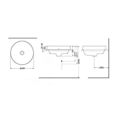 Waschbecken, Weiß, Durchmesser 40 cm, ohne Hahnloch, Halb-Einbaumontage, Sanitärkeramik, Globus
