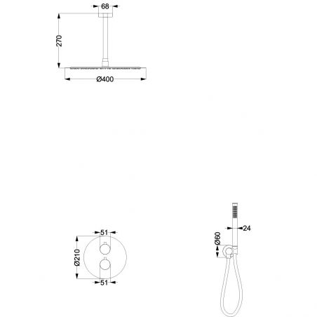 Duschsystem, Mattgold, Deckenmontage, Einbauarmatur mit Thermostat, Regenbrause, Durchmesser 40 cm, Apolo
