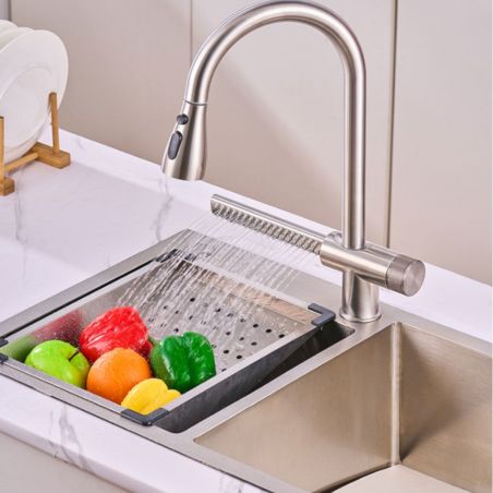 Küchenarmatur, Wasserfall-Design, ausziehbare Brause, 3 Strahlarten, 360 Grad schwenkbarer Auslauf, Edelstahl, Chrom, Medina