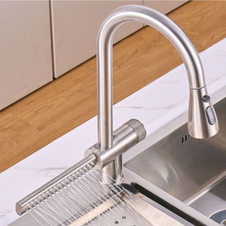 Küchenarmatur, Wasserfall-Design, ausziehbare Brause, 3 Strahlarten, 360 Grad schwenkbarer Auslauf, Edelstahl, Chrom, Medina