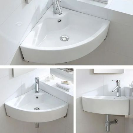 Waschbecken Bruno, Weiß, 43x32 cm, wandhängende Eckmontage, Sanitärkeramik