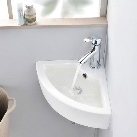 Waschbecken Bruno, Weiß, 43x32 cm, wandhängende Eckmontage, Sanitärkeramik