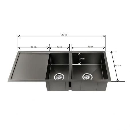 Küchenspüle, Arbeitsstation, Nano-Beschichtung, 2 Becken, 19 cm Tiefe, Edelstahl, Gun Grey, 100x45 cm, Vania