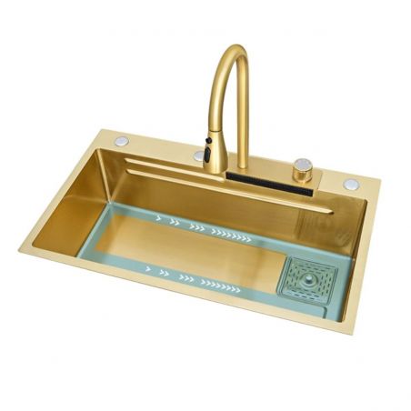 Küchenspülenstation, Gläserspüler, Armatur, Seifenspender, Edelstahl, Gebürstetes Gold, 80x45 cm, Zeno