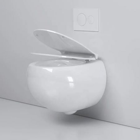 Toilettenschüssel, hängende Installation, randlos, glänzend weiß, 47 x 45 cm, Site-Keramik, Duroplast-Deckel mit Soft Close