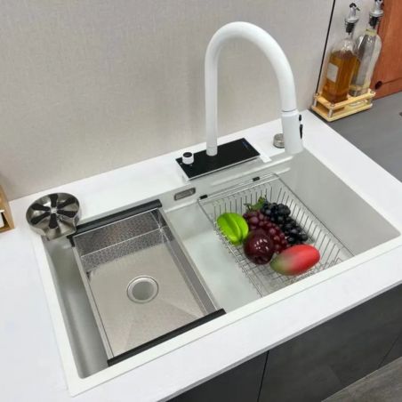 Küchenarmatur, hydroelektrisches Display mit Wasserfall, ausziehbare Brause, 3 Strahlarten, 360° schwenkbar, Mattweiß, Ingrid