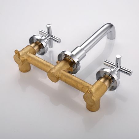 Waschbecken- und Badewannenarmatur, Einbau-Montage, mit drehbarem Auslauf, Perlator, Doppelsteuerung, Chrom, Messing, Melody