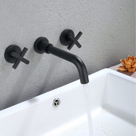 Waschbecken-und Badewannearmatur, Einbau-Montage, mit drehbarem Auslauf, Perlator, Doppelsteuerung, Mattschwarz, Messing, Melody