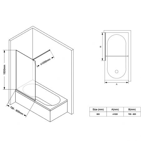 Duschwand für die Badewanne, feststehend, transparent, Mattgold-Profile, 8 mm Sicherheitsglas, 80-90x150 cmm, Nora
