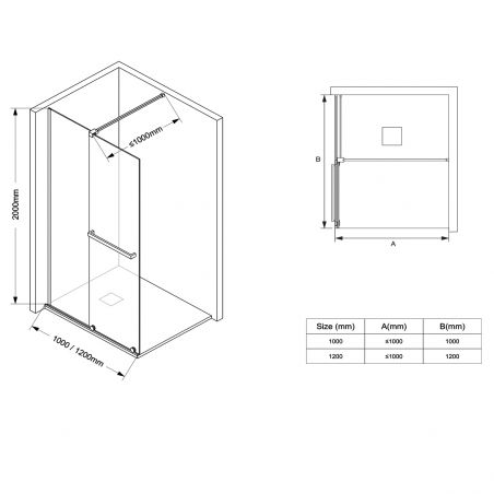 Walk-In Duschwand, 6 mm Sicherheitsglas, 2 Elemente, verschiebbar, Maße 100-120x200 cm, Mattschwarz, Benito