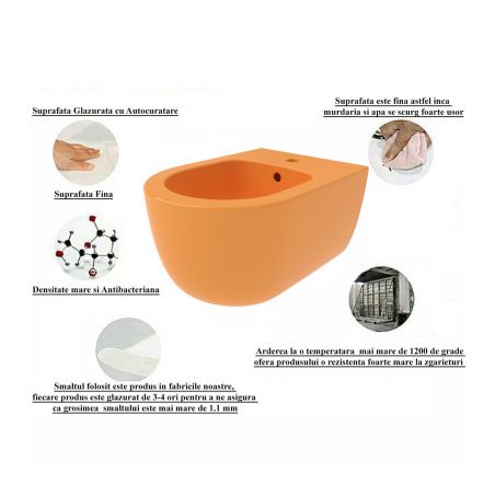 Bidet, Glänzend Mandarinenorange, 49x36 cm, Wandmontage, mit Überlauf, Michael